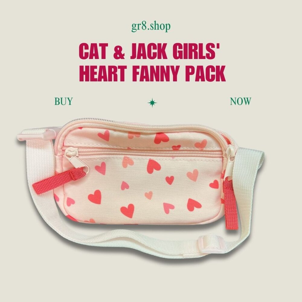 Cat & Jack Girls Pink Heart Print Fanny Pack With Adjustable Strap - 8"x4" Size